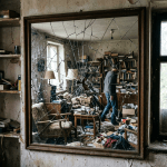 Cracked mirror reflecting cluttered room with books and furniture