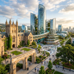 University campus with historic stone building and modern glass towers