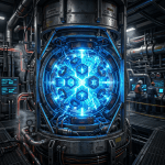 Glowing blue energy core contained within metallic machinery in lab environment