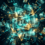 Floating fragmented vintage photos and handwritten notes with glowing edges